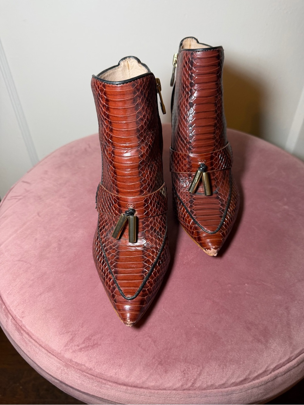 Pointed Toe Brown Snakeskin Ankle Boots